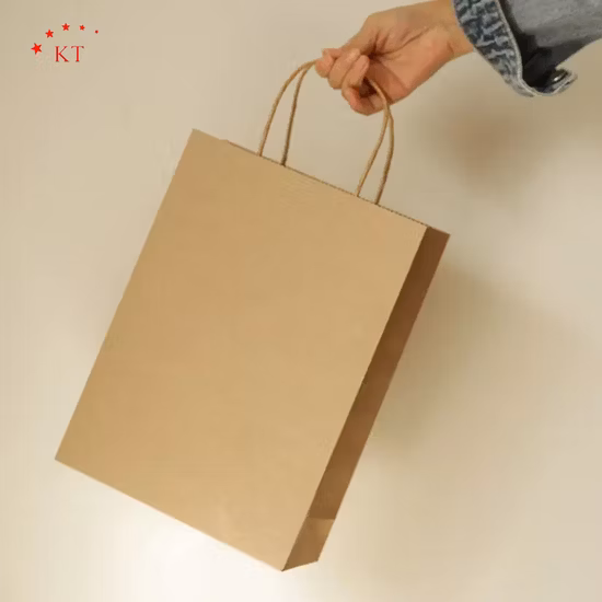 Maßgeschneiderte Restaurant-Essenslieferungs-Verpackungstüte zum Mitnehmen. Entwerfen Sie Ihr eigenes Logo. Braune Kraftpapiertüte mit gedrehtem Griff zum Mitnehmen
