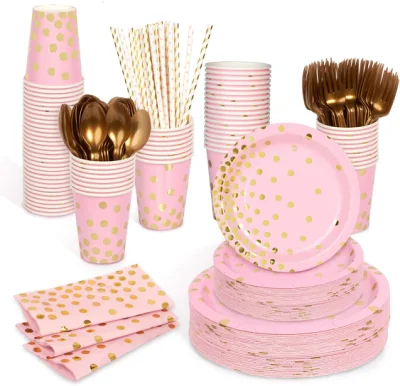 Rosafarbene Pappteller von Decorlife für 50 Personen, inklusive Partyteller und Trinkhalmen für Geburtstagsparty-Zubehör in Rosa und Gold, insgesamt 400 Stück